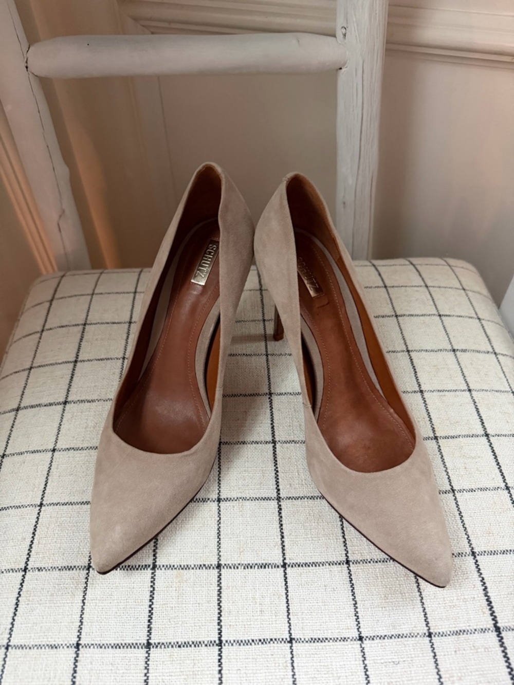 SCHUTZ Lou Beige Suede Pointed-Toe Pumps